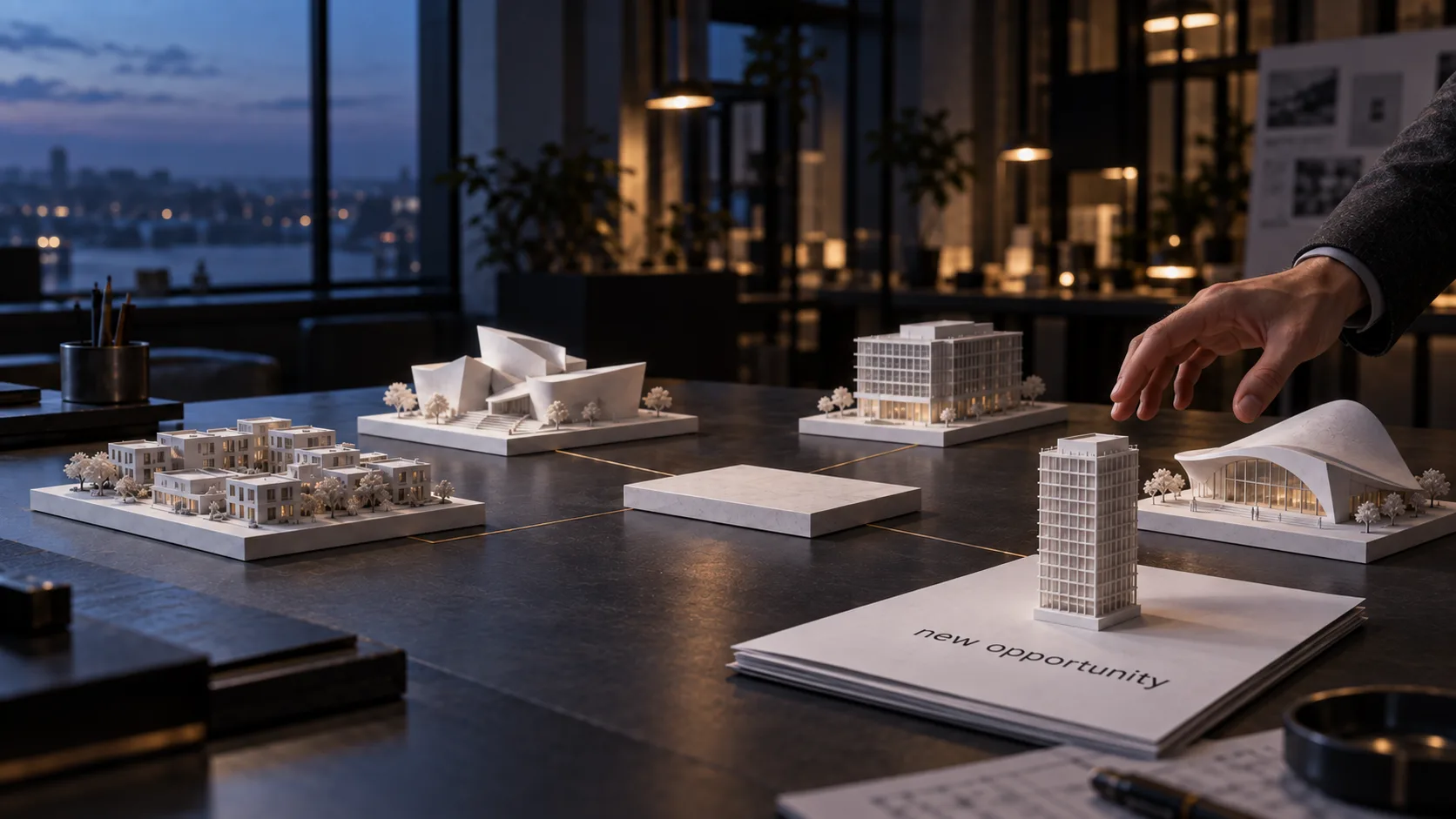 A hand reaches toward a white tower model placed on a brief marked new opportunity